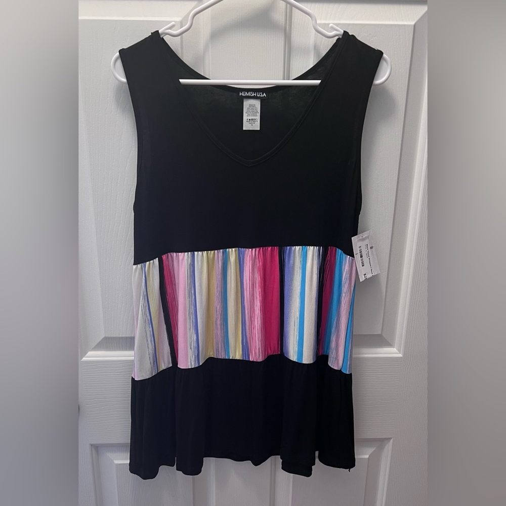 Hem & Thread Black Tank Top with Multicolor Stripe Panel NWOT